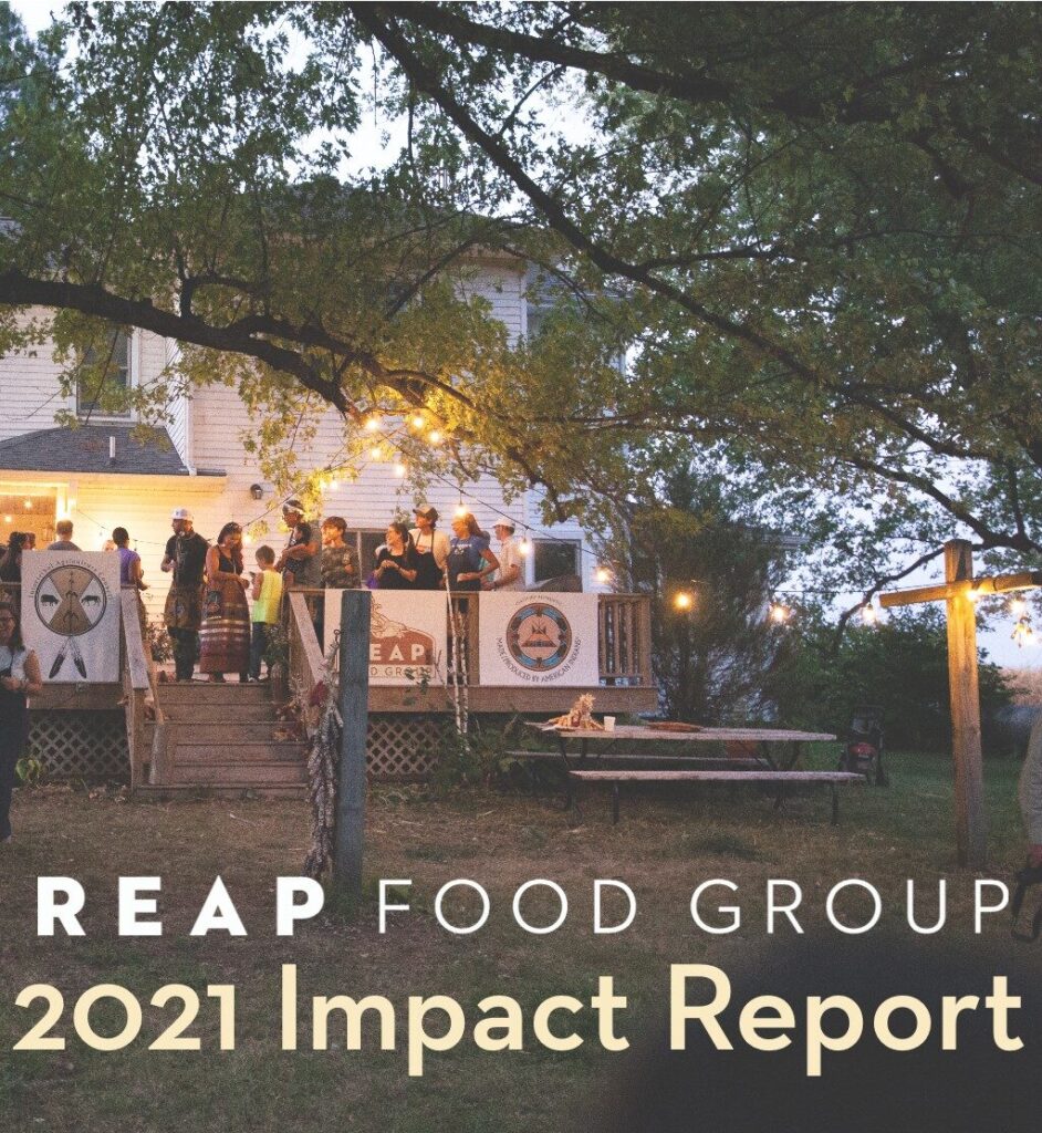 REAP Food Group 2021 Impact Report with image of people standing on a porch during an event.